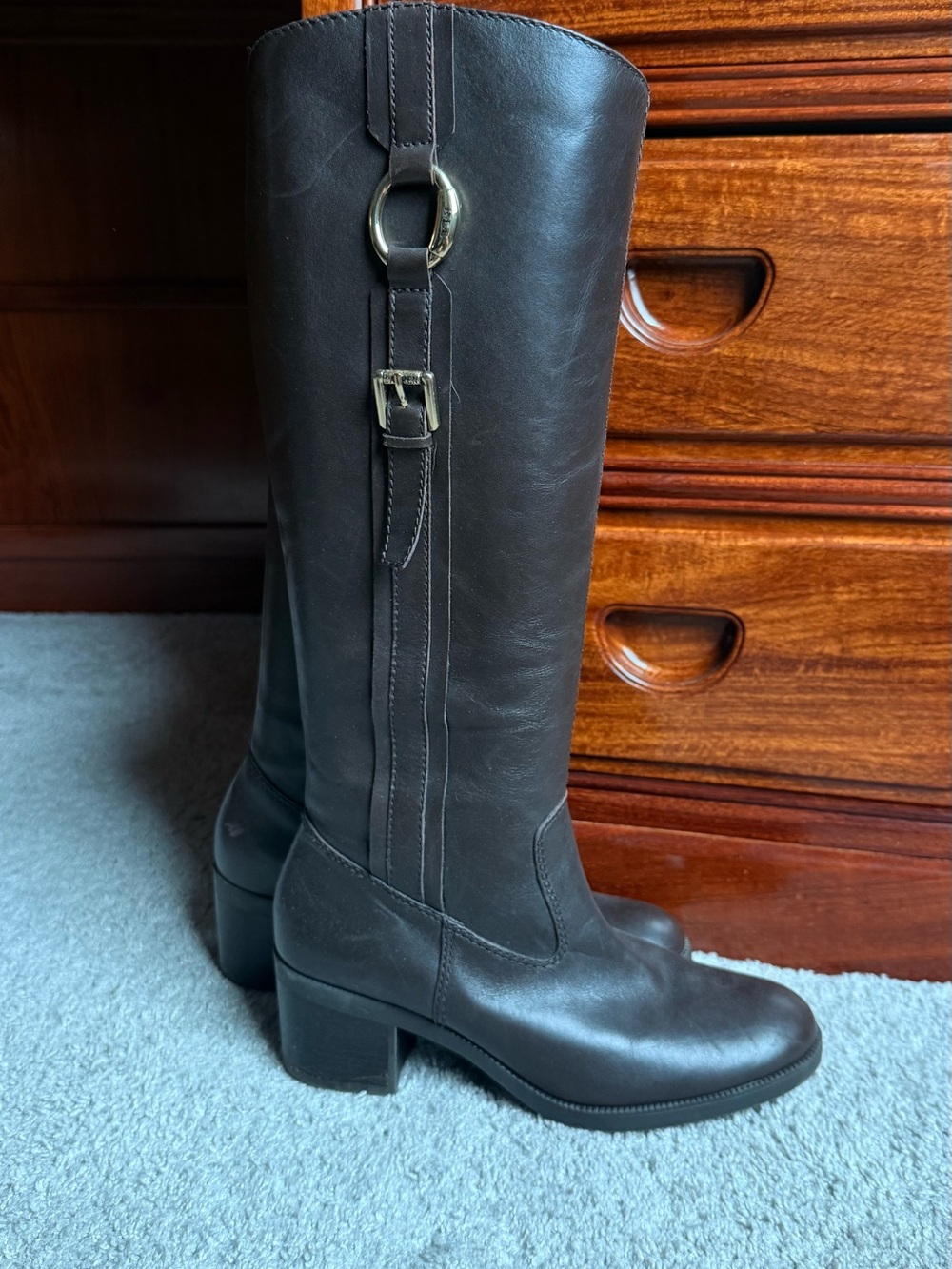 Ralph Lauren Tall Black Leather Heeled Riding Boots with Buckle Ring